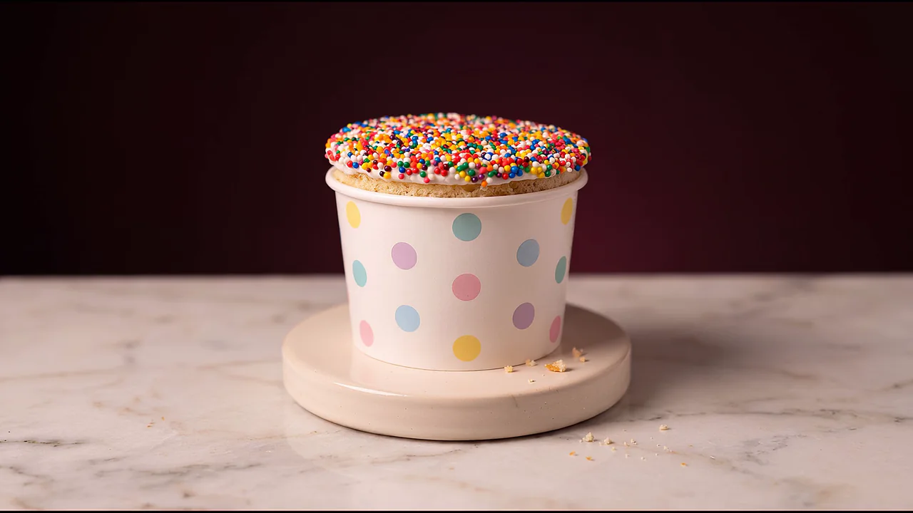A polka-dot cake cup crowned with rainbow nonpareils on a white marble pedestal.